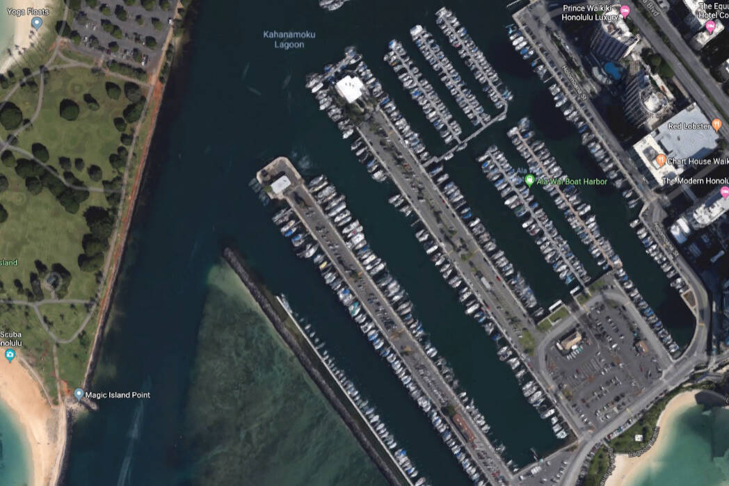 A satellite view of the small boat harbor on the Ala Wai