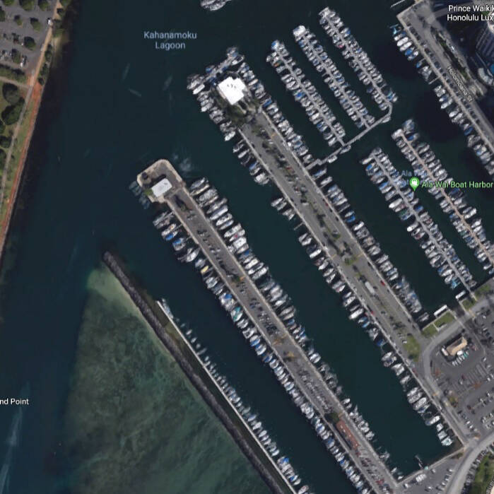 A satellite view of the small boat harbor on the Ala Wai
