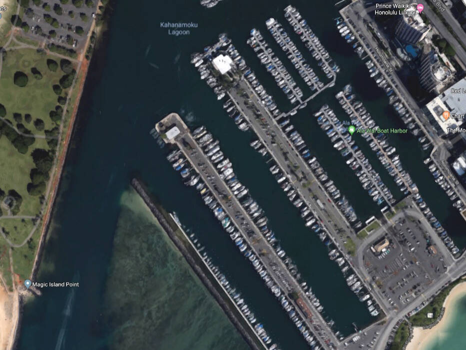 A satellite view of the small boat harbor on the Ala Wai