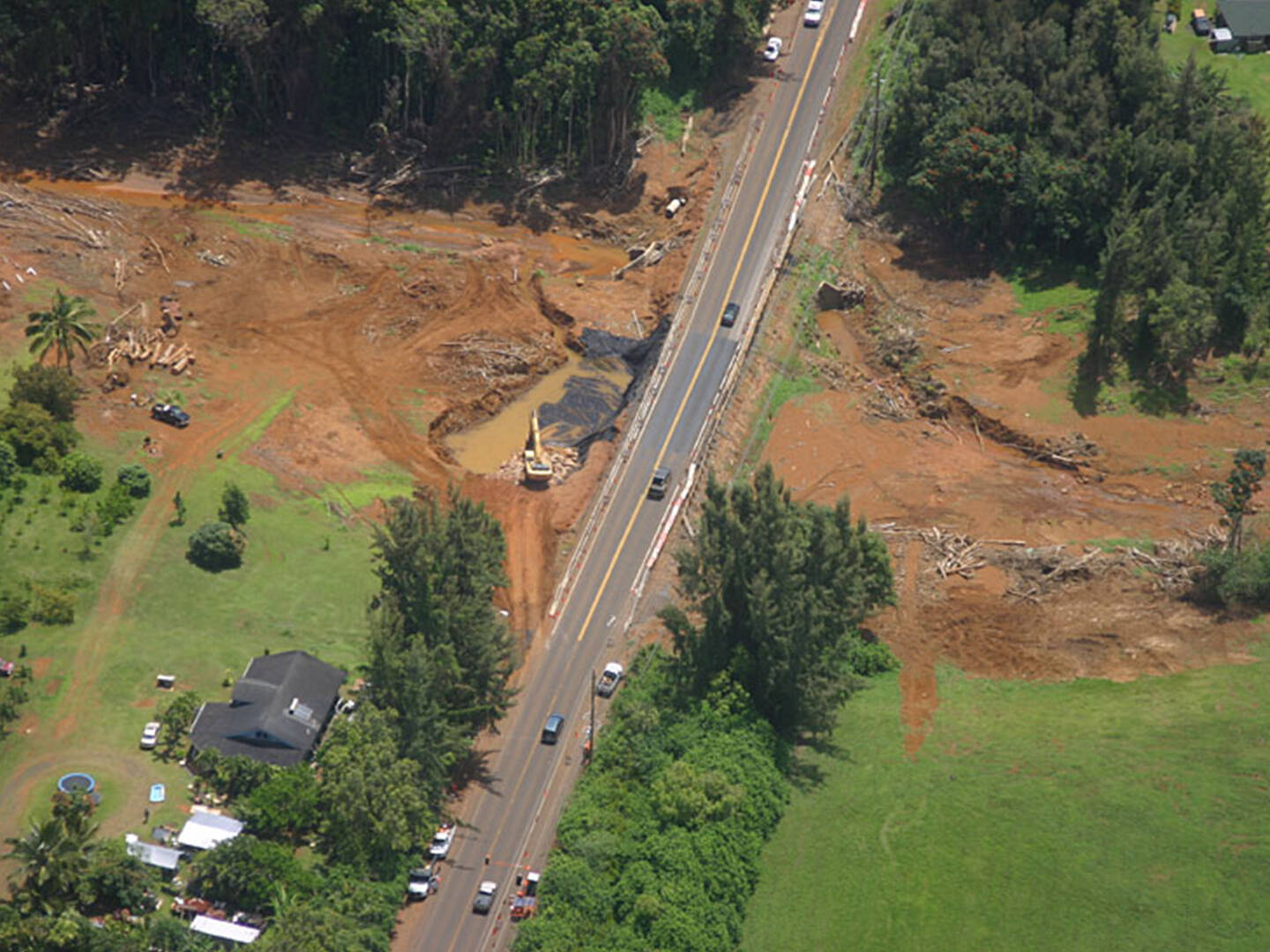An aerial view of a washed-out road
