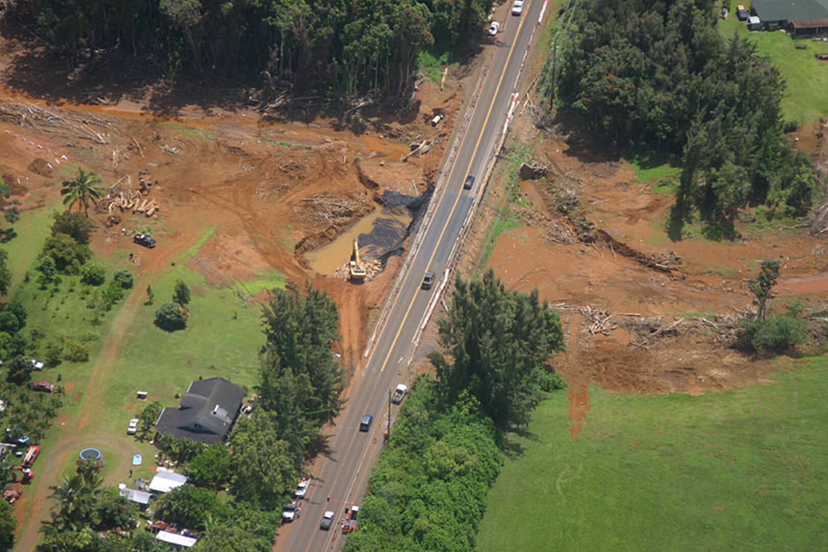 An aerial view of a washed-out road
