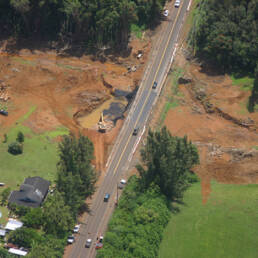 An aerial view of a washed-out road