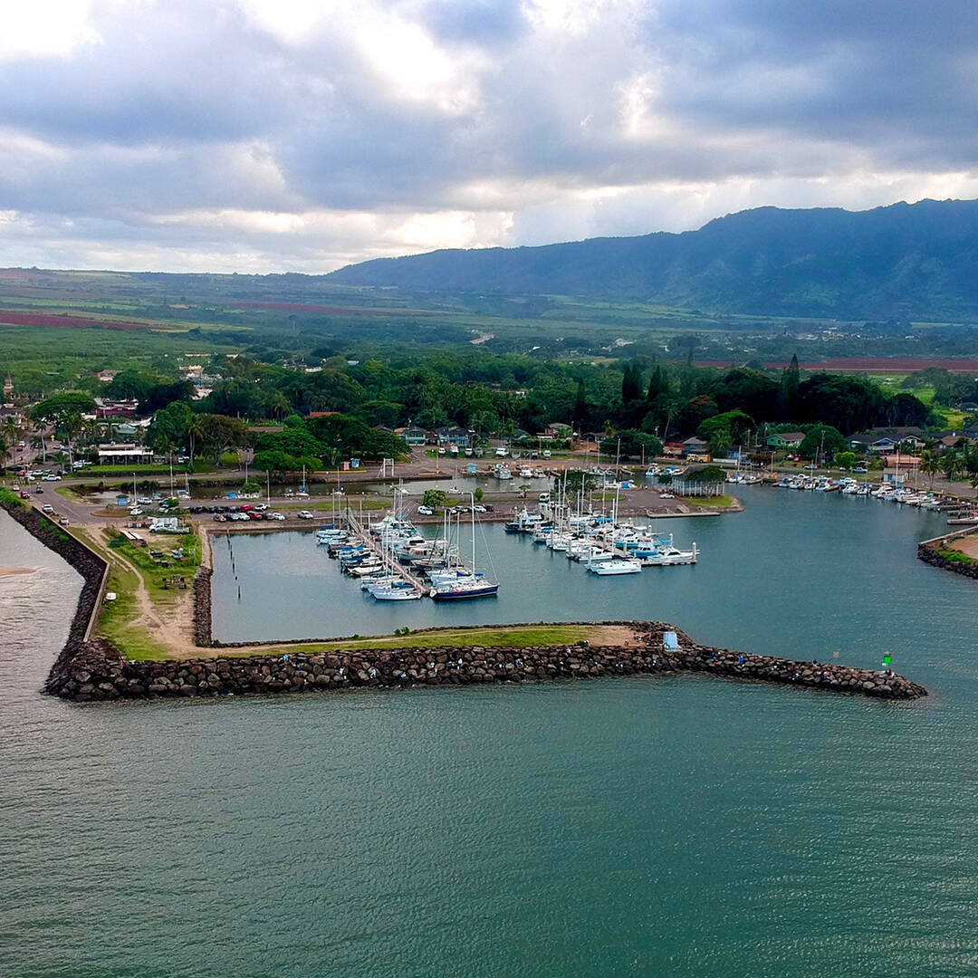 An aerial view of the Honokohau Harbor on the Big Island of Hawaii.