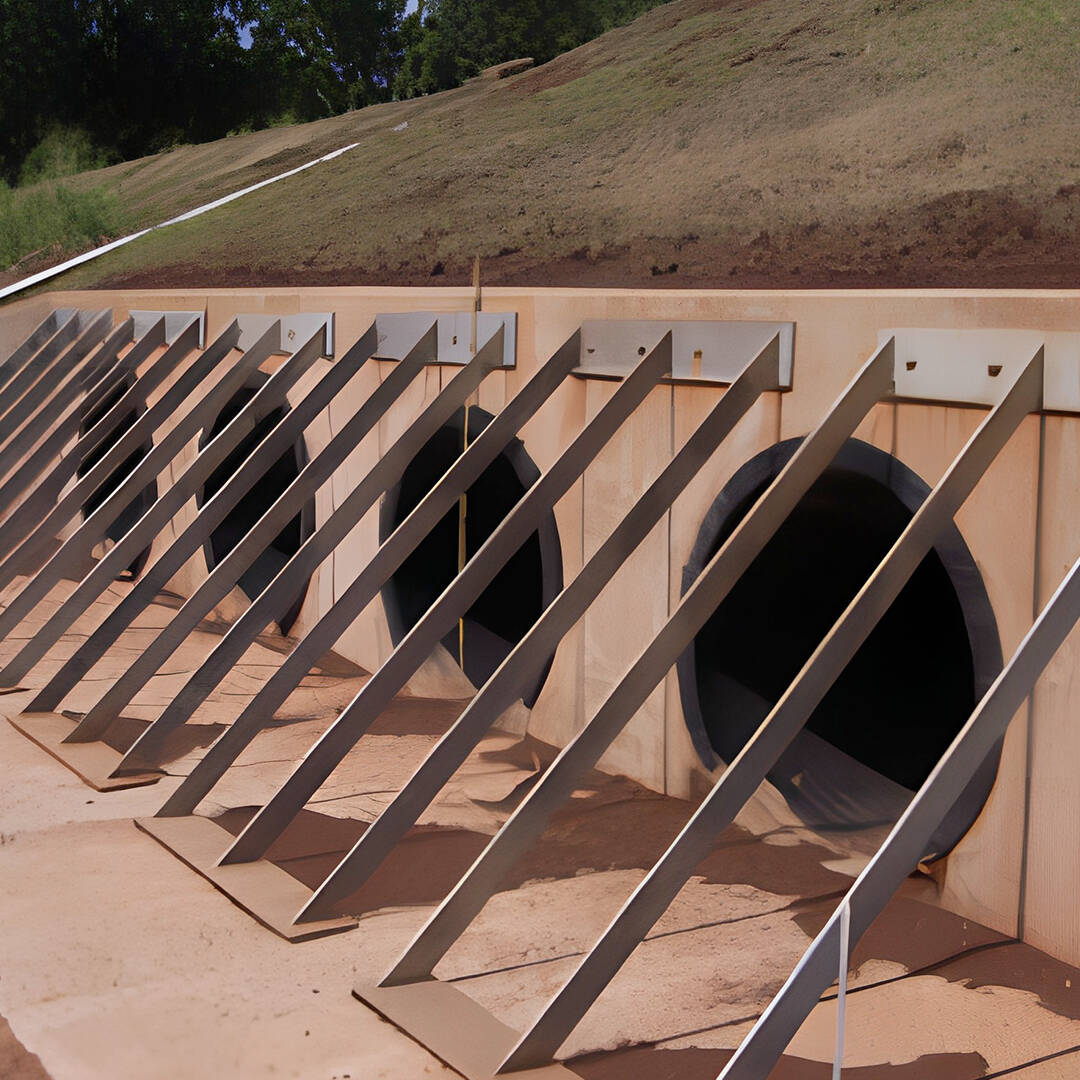 A view of a dam with four spillways set into a slope