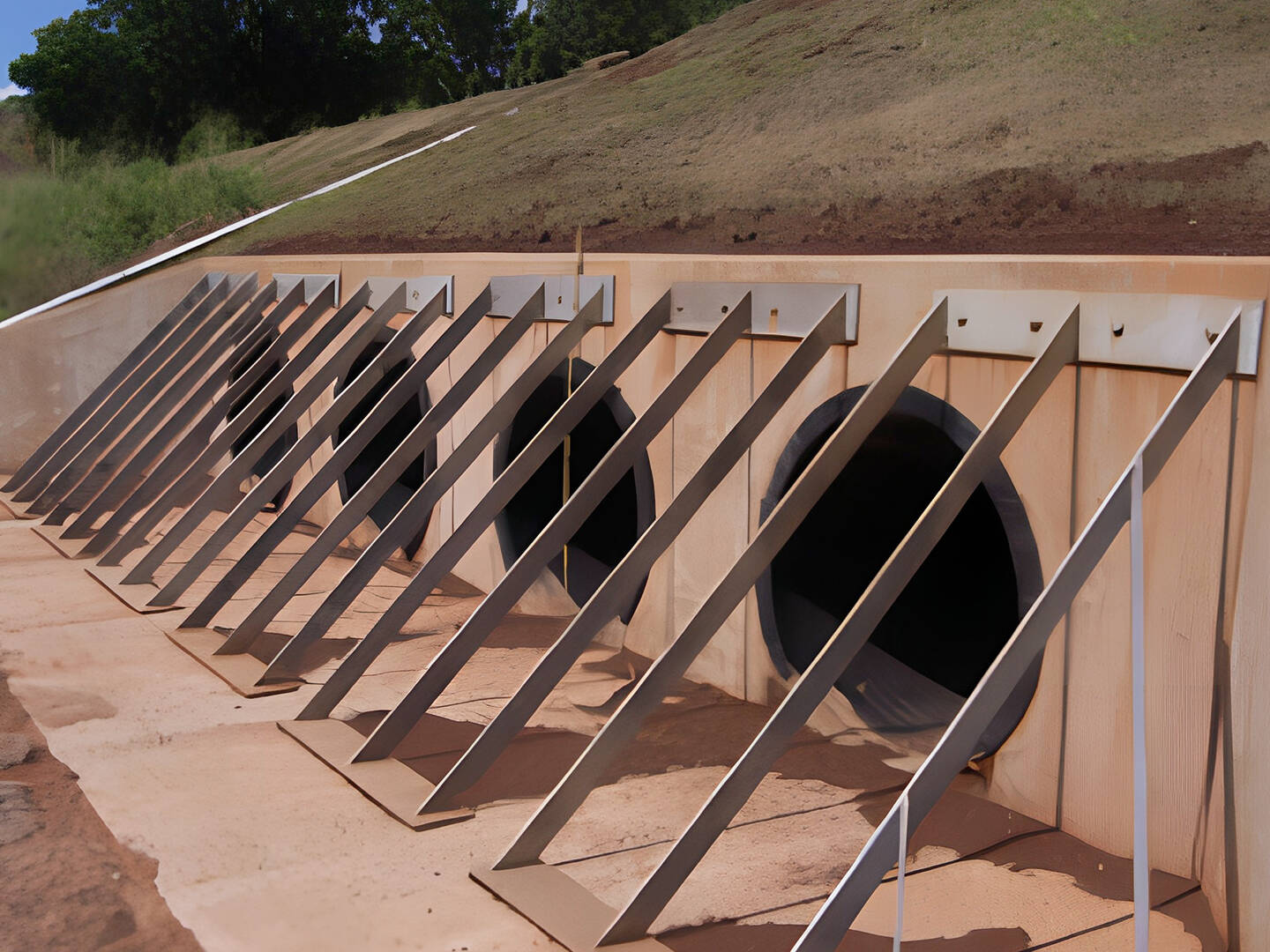 A view of a dam with four spillways set into a slope