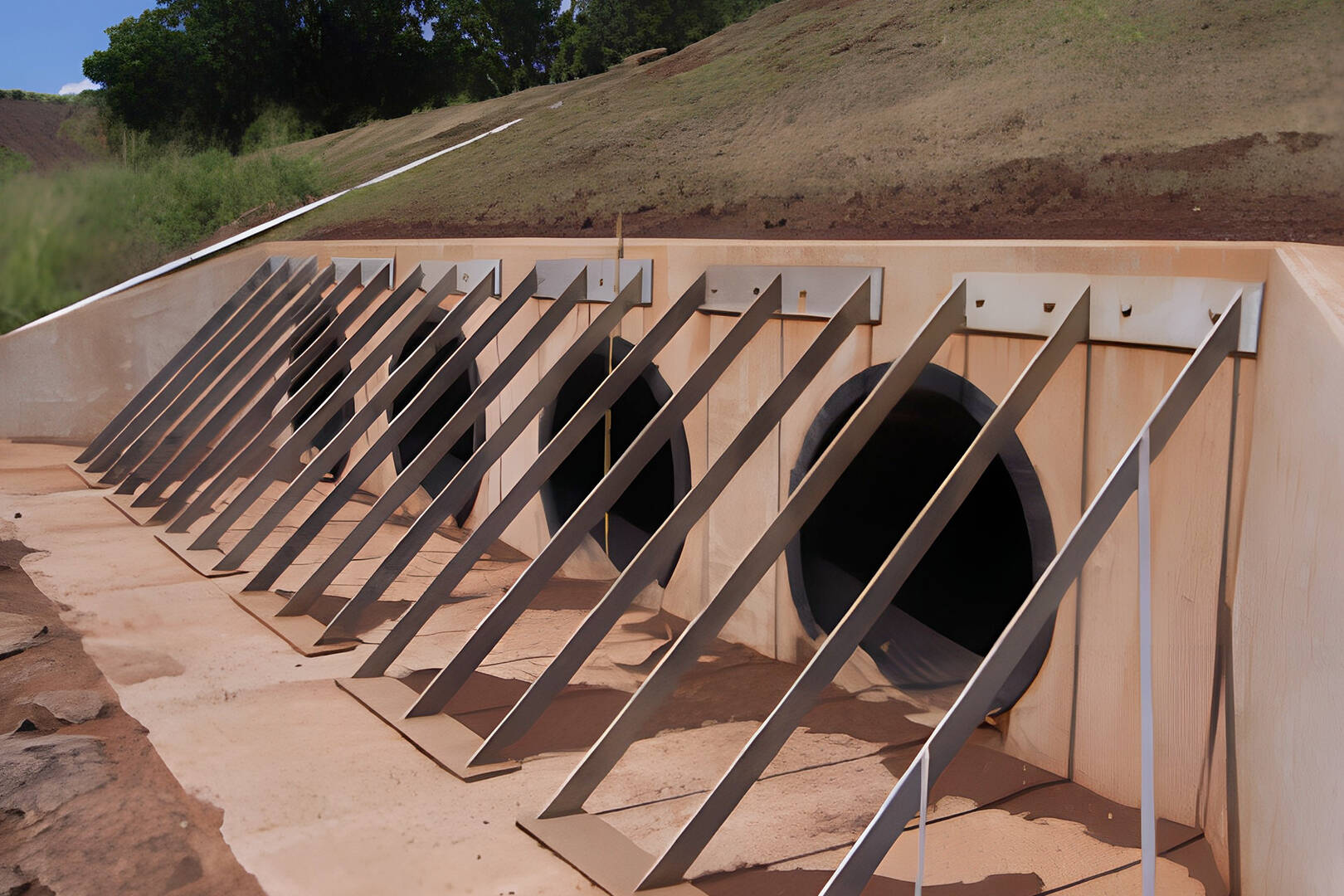 A view of a dam with four spillways set into a slope