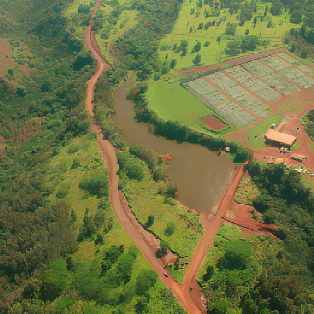 An aerial view of an Oahu landscape with red dirt roads and a large field surrounded by vegetation