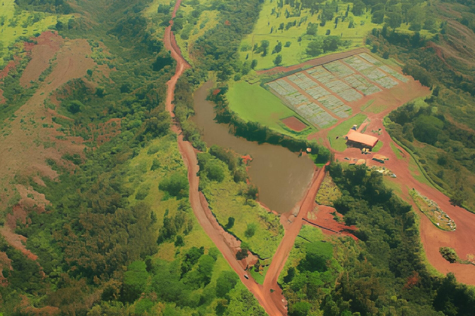 An aerial view of an Oahu landscape with red dirt roads and a large field surrounded by vegetation