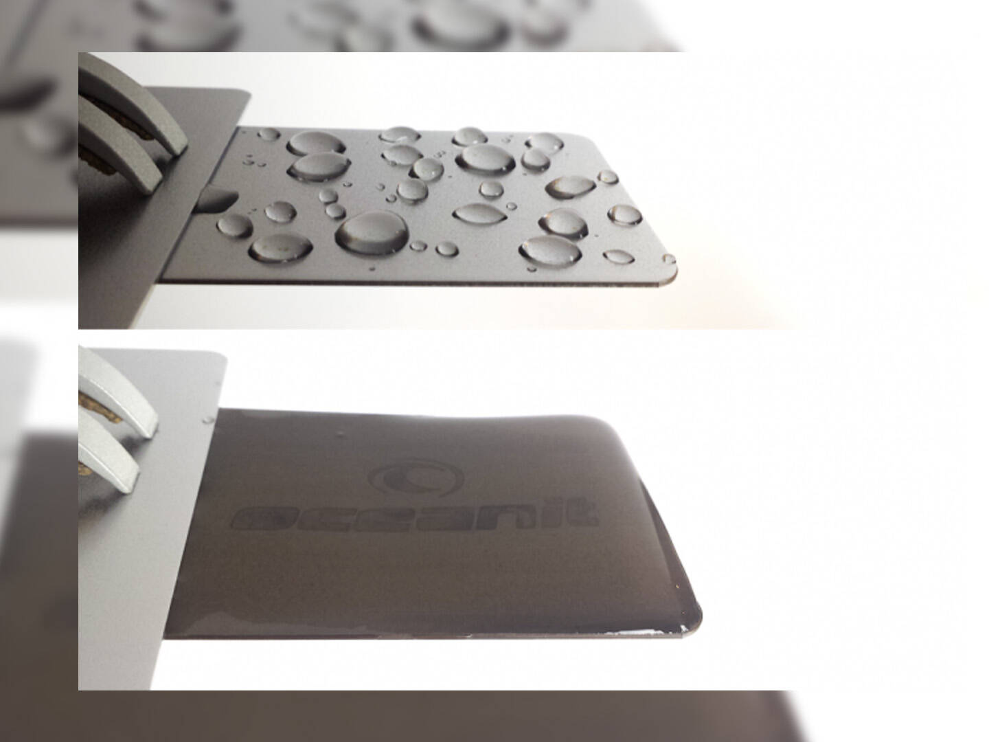 Two metal coupons, one with droplets of water and one with an even coating of water.