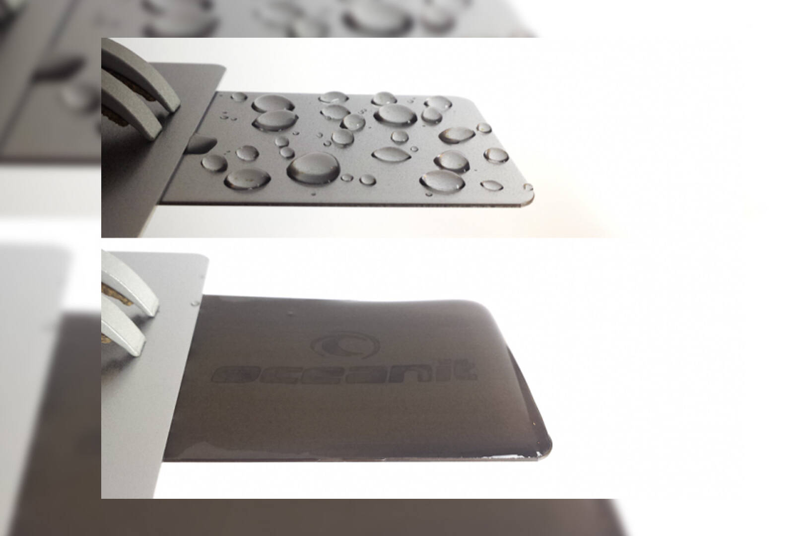 Two metal coupons, one with droplets of water and one with an even coating of water.