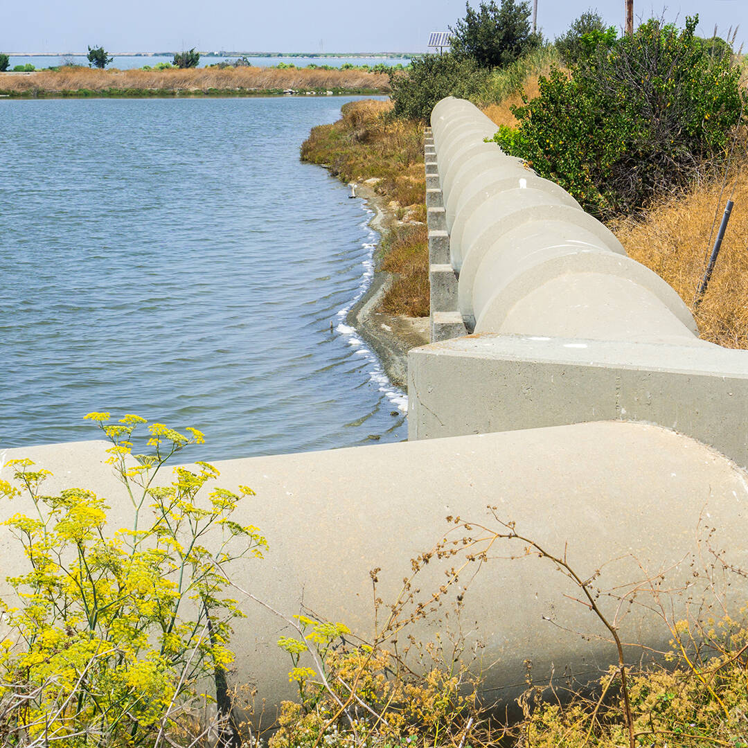 A cement pipe running along a coastline