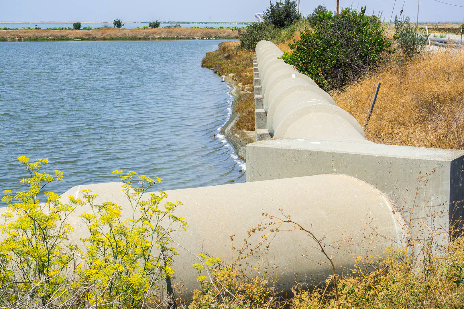 A cement pipe running along a coastline