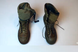 A pair of work boots, and a green fabric liner in one boot