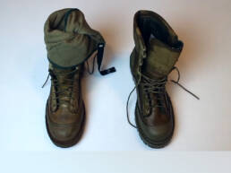 A pair of work boots, and a green fabric liner in one boot