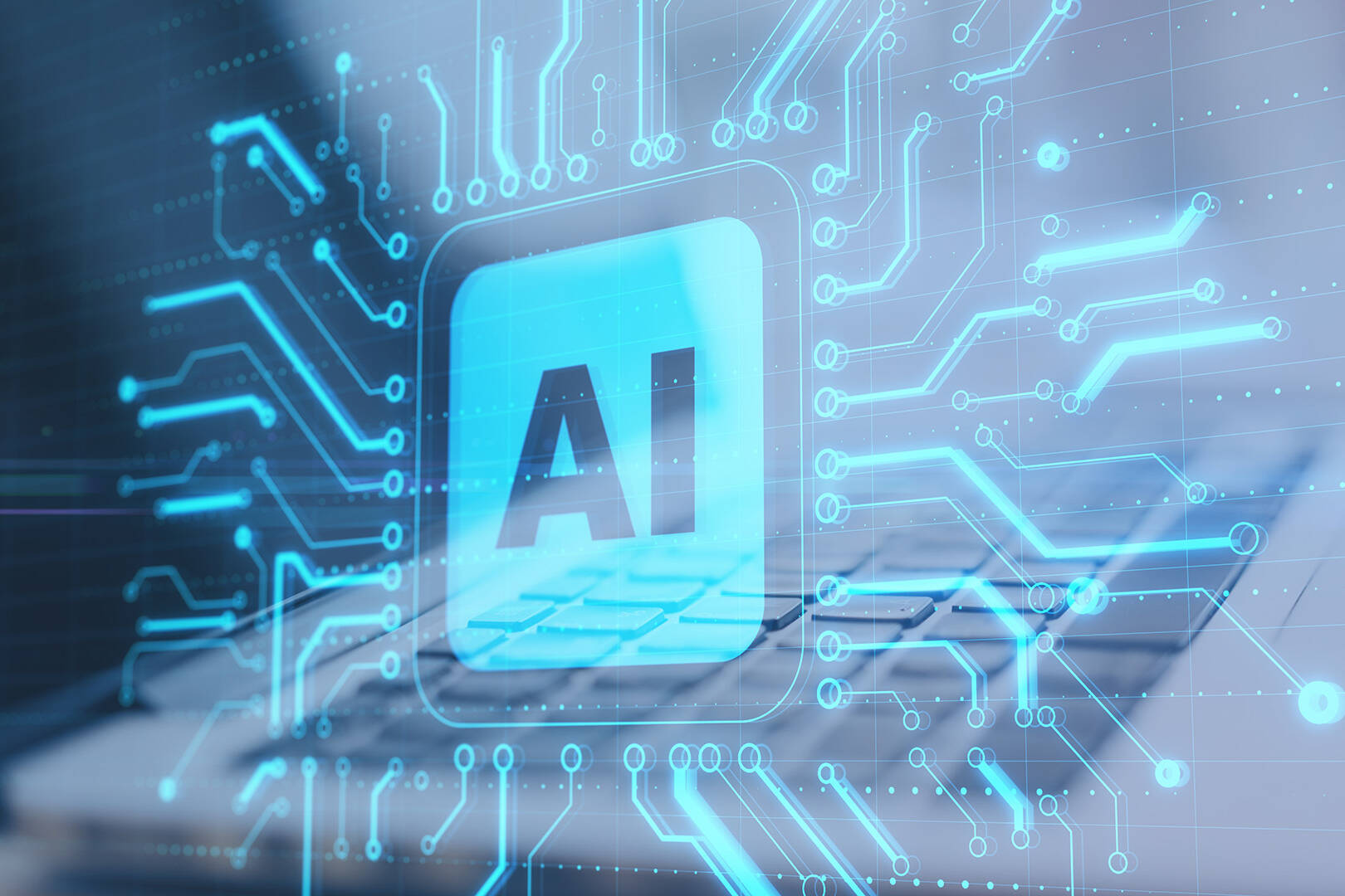 A 3D render of a blue computer chip with AI printed in the middle