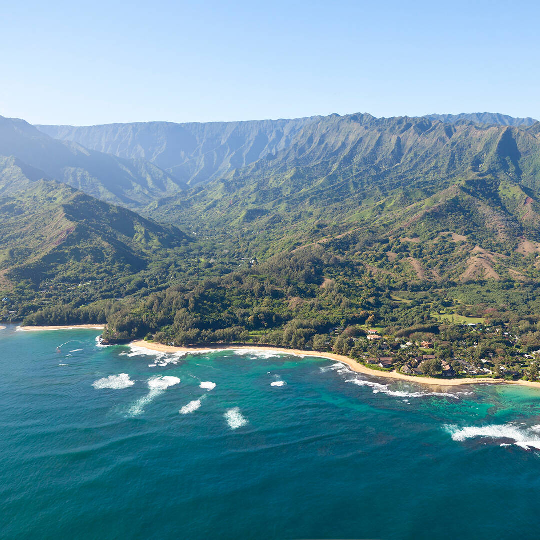 An aerial view of Kauai's northern Na Pali coastline