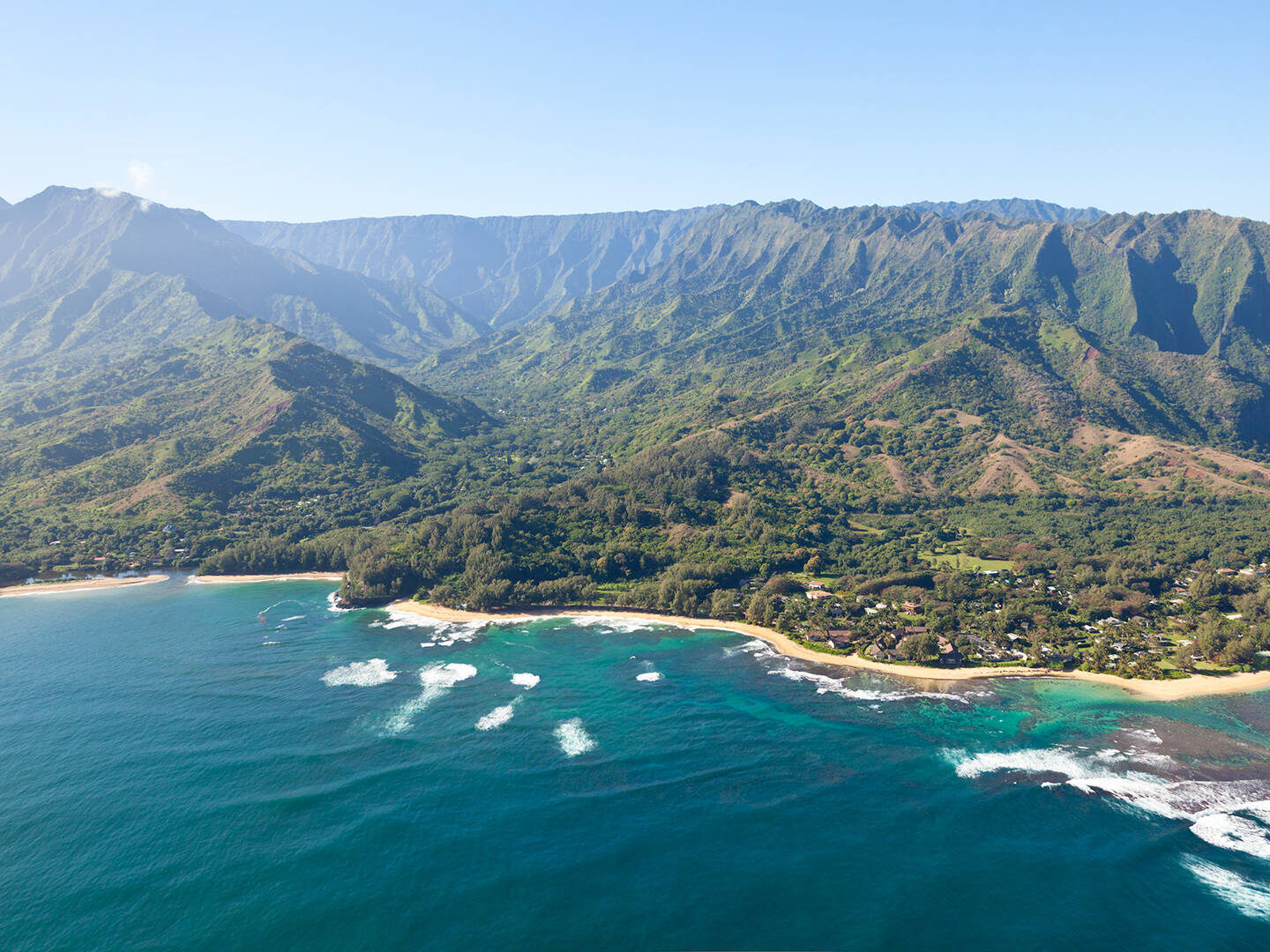 An aerial view of Kauai's northern Na Pali coastline