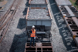 A rail engineer inspecting a railway line