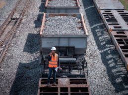 A rail engineer inspecting a railway line