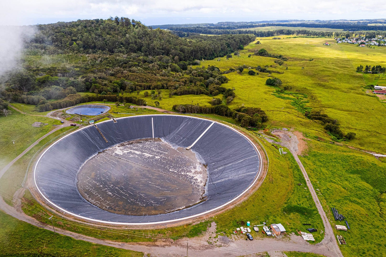 An aerial view of a large water reservoir