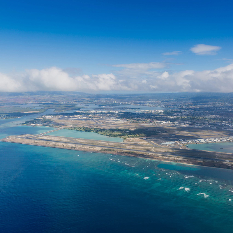 An aerial view of the HNL airport runway