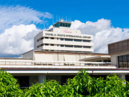 A white air traffic control tower with the words 
