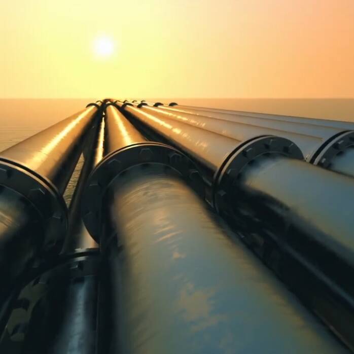 Pipelines leading to the horizon, where the sun sets over the ocean