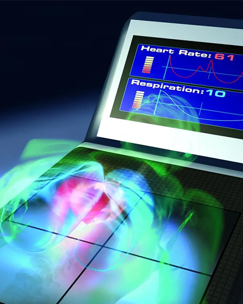 An illustration of a smart monitor for hospital use that tracks heart rate and respiration