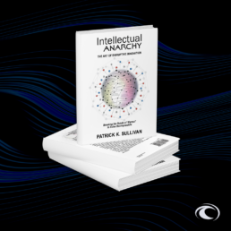 Mockups of a stack of Intellectual Anarchy books, a white cover with an illustration of a nucleus with scientific language