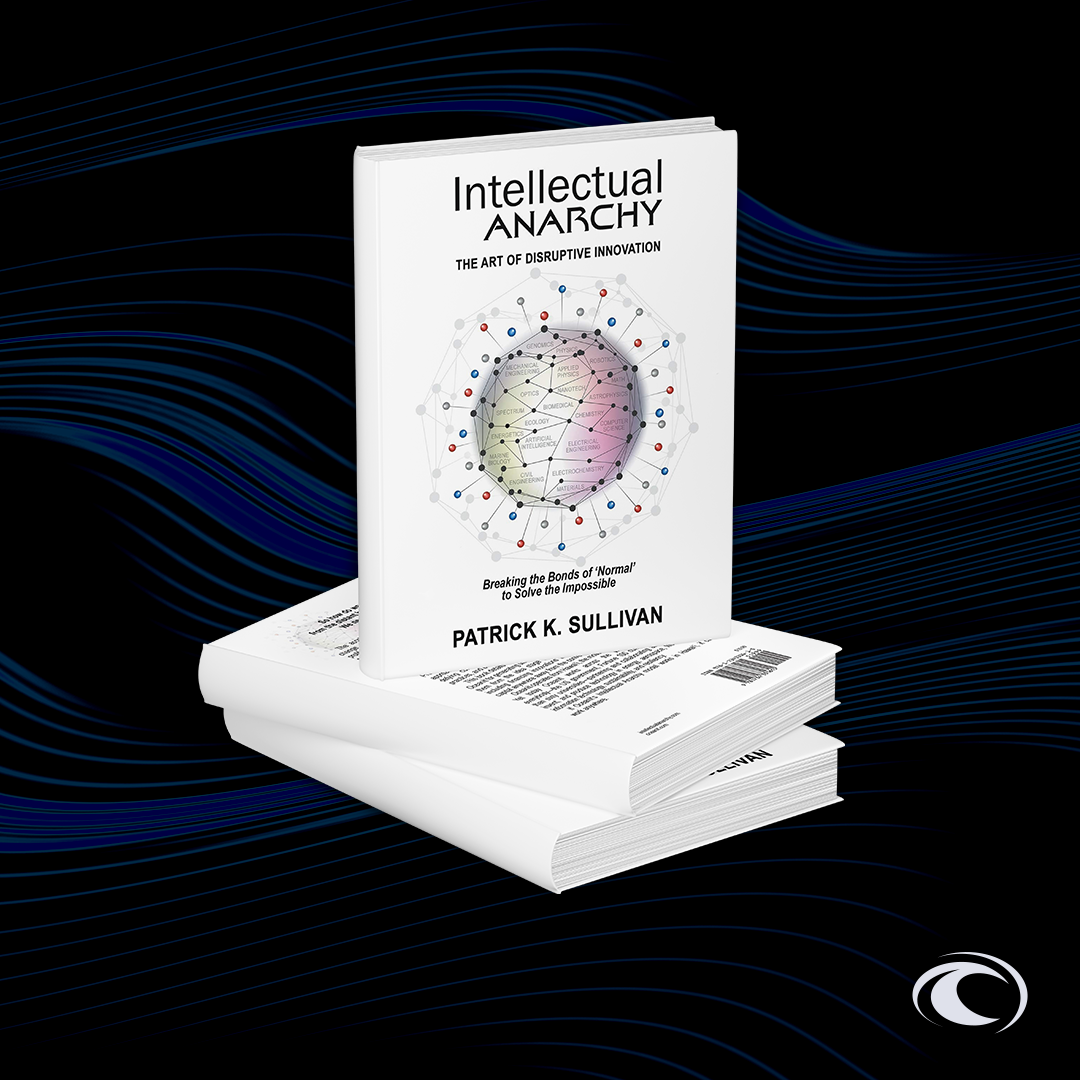 Mockups of a stack of Intellectual Anarchy books, a white cover with an illustration of a nucleus with scientific language