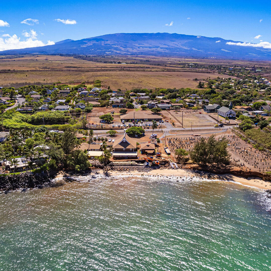 An aerial shot of the Mantokuji temple on Maui's shore