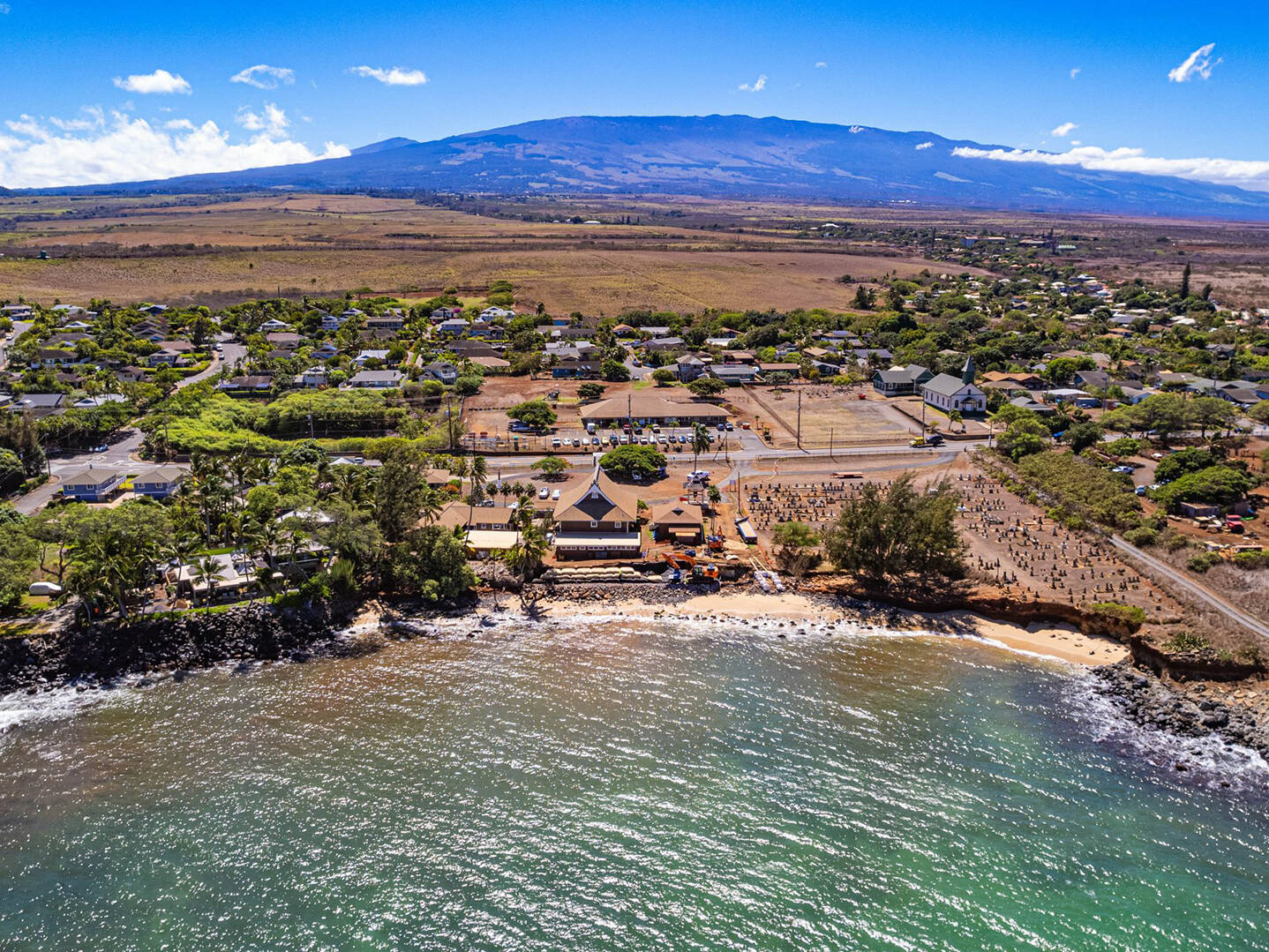 An aerial shot of the Mantokuji temple on Maui's shore