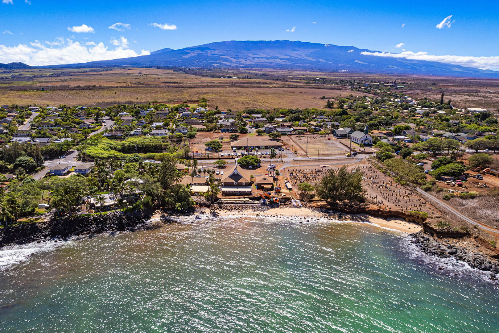 An aerial shot of the Mantokuji temple on Maui's shore