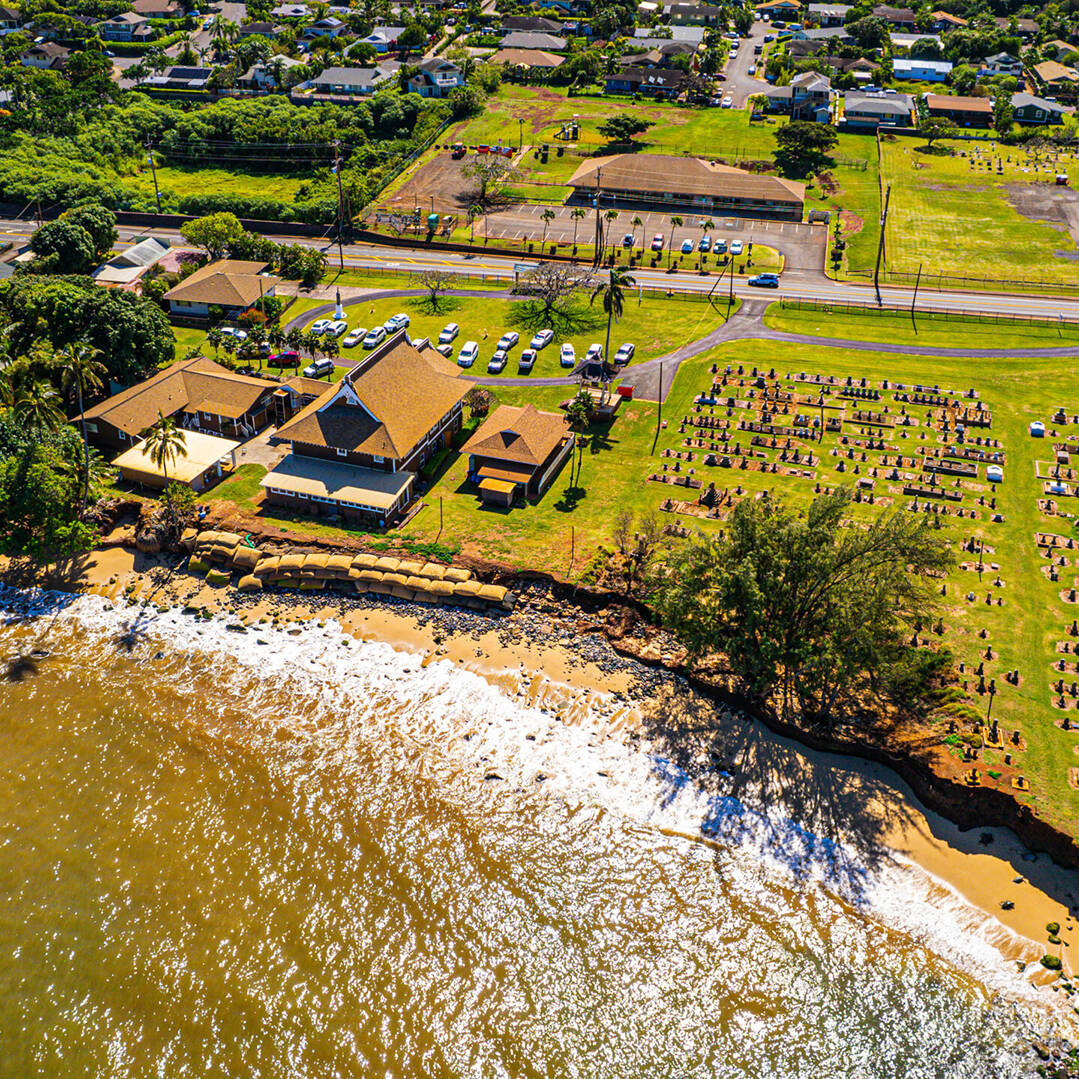 An aerial shot of the sandbags protecting Mantokuji Temple