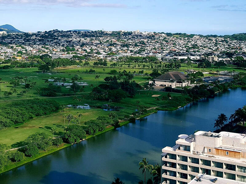 The Ala Wai Canal, with Manoa in the background.