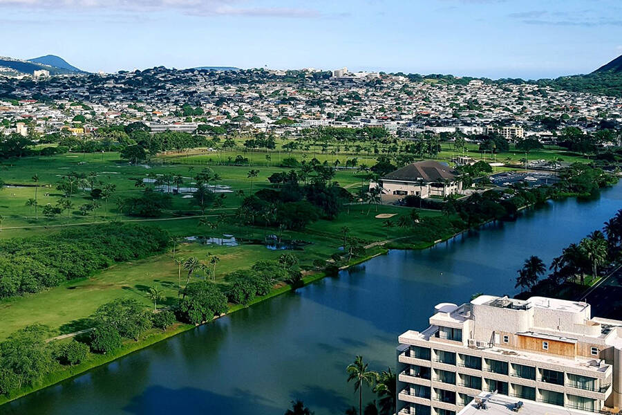 The Ala Wai Canal, with Manoa in the background.