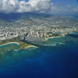 An aerial photo of Honolulu and Waikiki