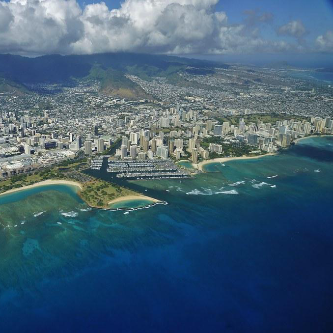 An aerial photo of Honolulu and Waikiki