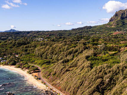 Aerial view of Aliomanu Road on Kauai