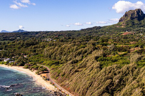 Aerial view of Aliomanu Road on Kauai