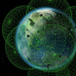 Diagram of Earth surrounded by orbiting space debris