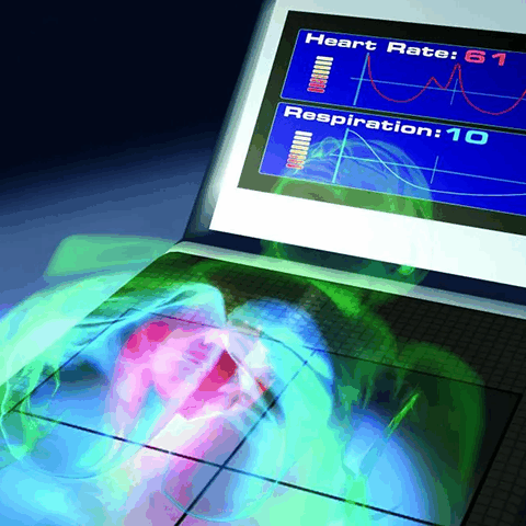 A 3D render of a futuristic hospital bed, with a transparent person with their organs visible laying on top of it and a screen shows their readings