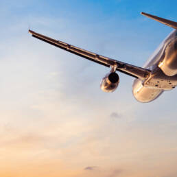 A plan flying away from the camera into a sunset