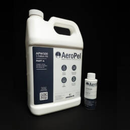 The AeroPel product; a large white jug and small white bottle on a black background