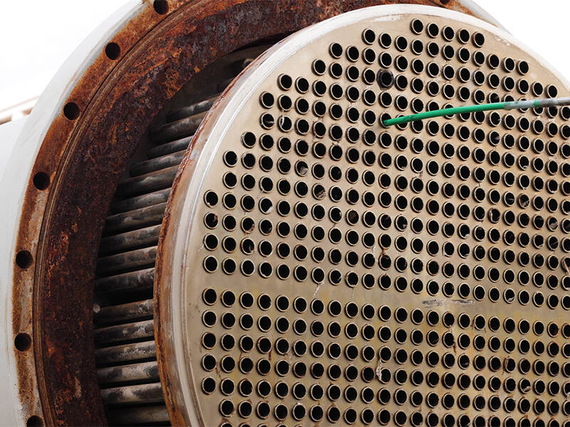 A rod sticking out of one of many holes in a heat exchanger front