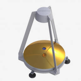 A 3D render of a MAMBA sensor; a gold disc held in place by a white, triangular frame