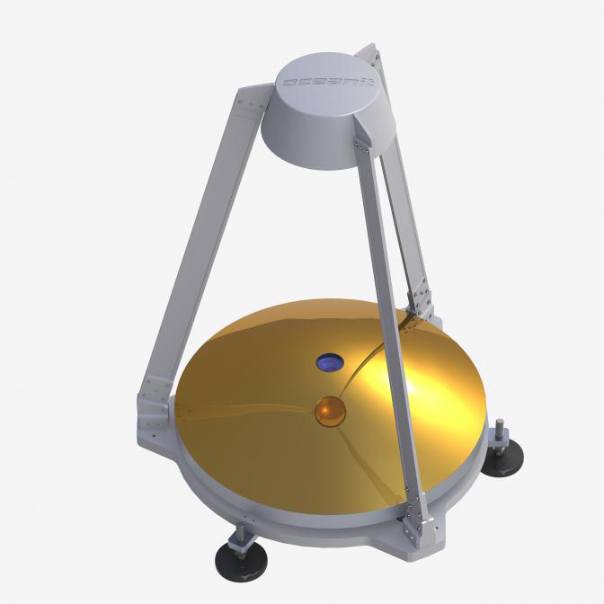A 3D render of a MAMBA sensor; a gold disc held in place by a white, triangular frame