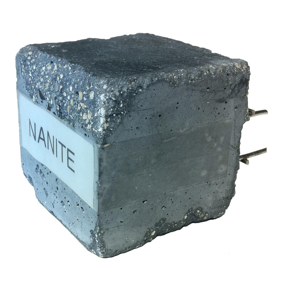A cube of concrete labeled 