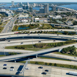 An aerial view of a U.S. highway interchange system