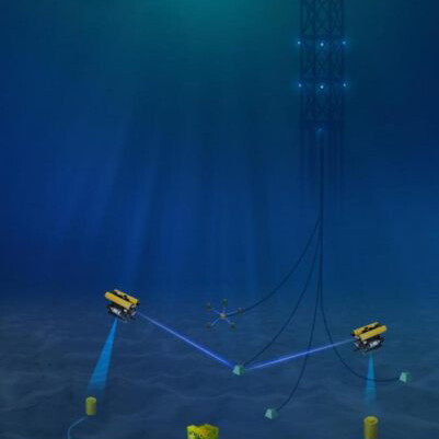 A rendering showing a bisected ocean, with a rig near the surface and laser sensors on the ocean floor